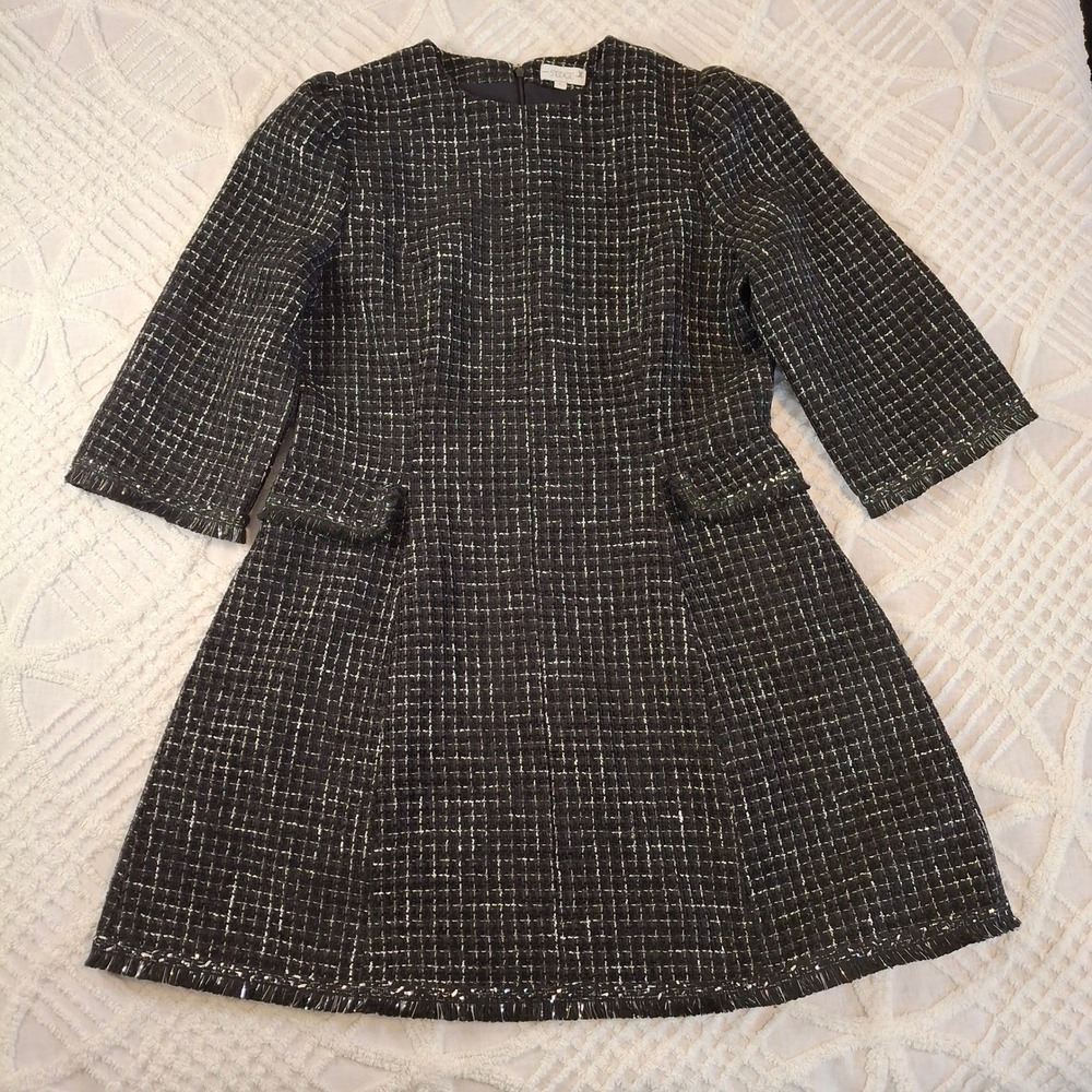 S'edge Womens Size Large Black White Tweed Puff Sleeve Mini Dress NWT